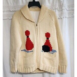 Bowling Cowichan Sweater 1950s Hand Knit Lined Wool Cardigan Talon Zip Pinup  M